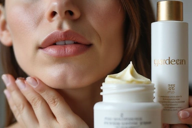 A close-up image of a woman applying a luxurious skincare cream to her face, highlighting glowing, healthy skin and premium product packaging.