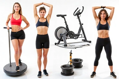 An image depicting various exercise equipment and a person engaging in a workout, symbolizing physical fitness and active living.