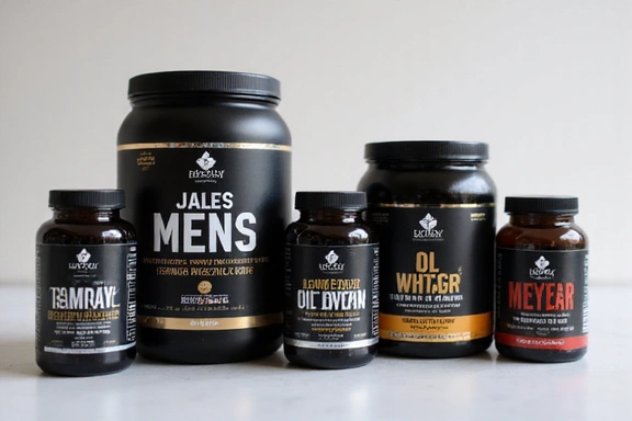 A collection of men's supplements, including protein powders, vitamins, and energy boosters, displayed in a clean, modern setting.