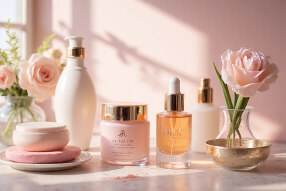 A luxurious display of women's skincare products, featuring serums, creams, and cleansers, with soft, elegant lighting.