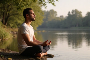 Man meditating in a calm environment, symbolizing vitality and wellness